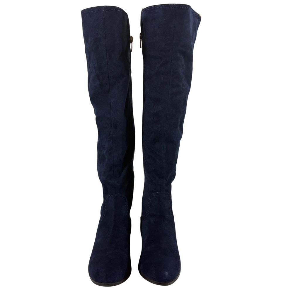 Marc Fisher Navy Blue Suede Over The Knee Boots Gold Heel Detail Womens 8.5M
